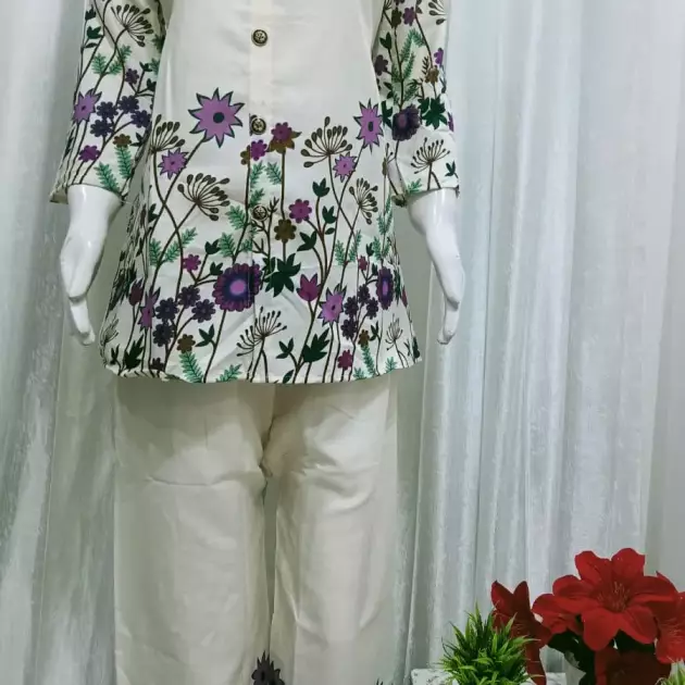 Off-White Cotton Linen Floral Print Co-ord Set for Women | Trendstox Ethnic Collection