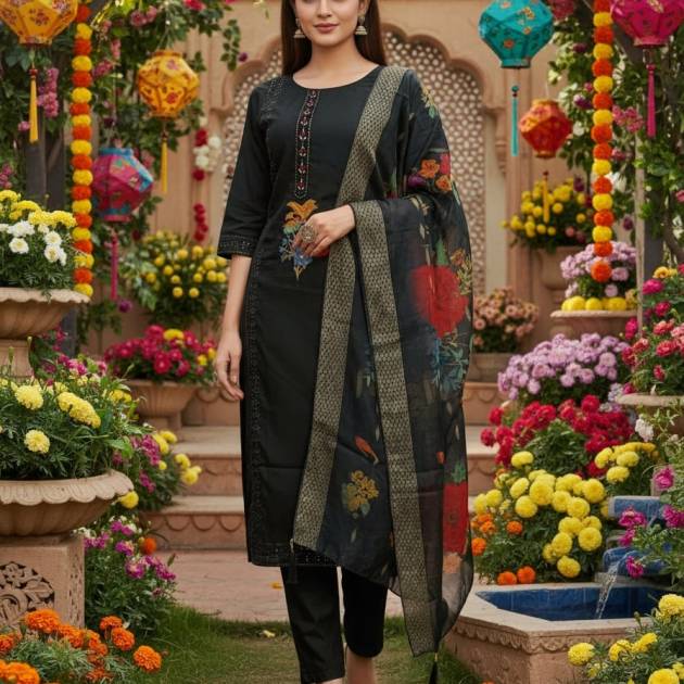 Roman Silk Suit with Palazzo & Dupatta – Off White, White & Black