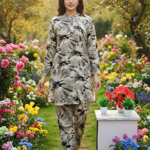 Off-White Floral Print Reyon Cotton Co-ord Set for Women | Trendstox Ethnic Wear