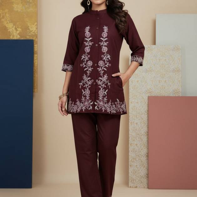 Wine Pure Cotton Embroidered Co-ord Set for Women | Trendstox