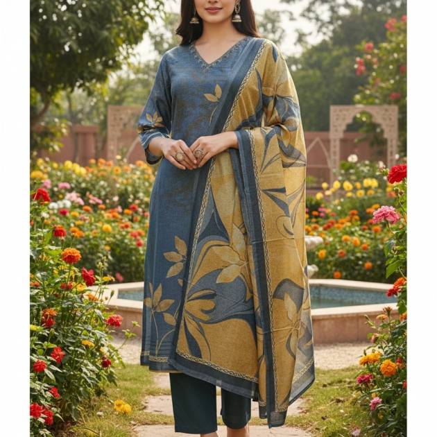 Gray Soft Fabric Suit Set with Stone Work Neck, Palazzo & Dupatta