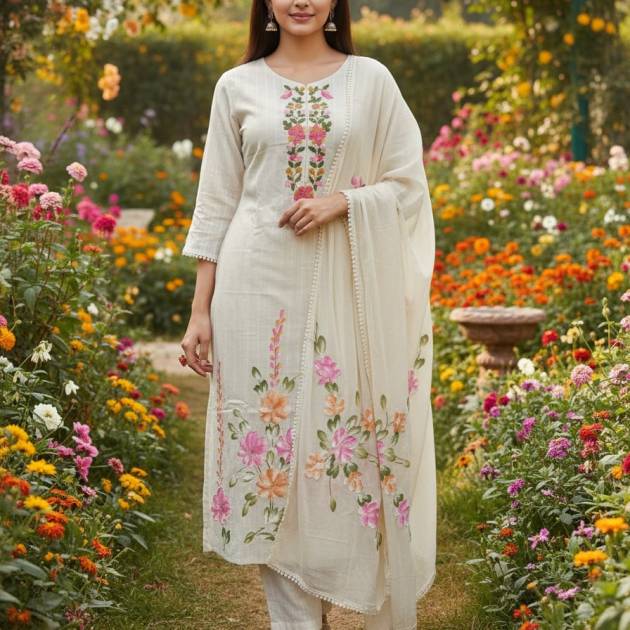 Off-White Cotton Kurti Set with Pant, Palazzo & Pure Dupatta – Tag & Paint Work