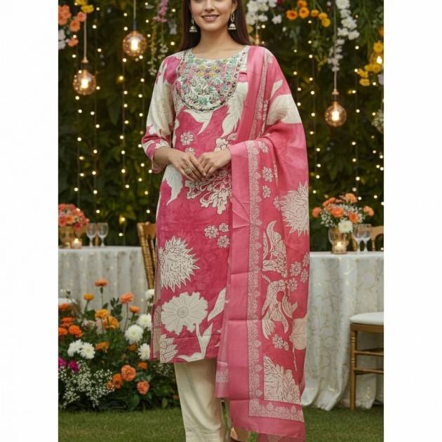 Pink & Off-White Rayon Cotton Suit with Organza Dupatta – Neck Work Design