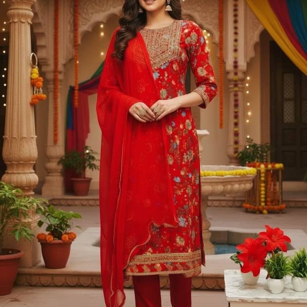 Red Rayon Cotton Embroidered Anarkali Suit Set with Dupatta | Trendstox