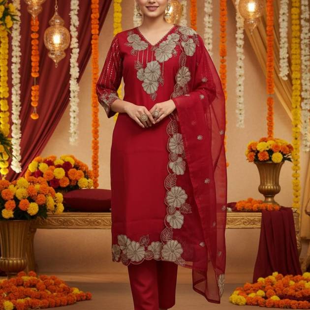 Magenta Romin Silk Suit Set with Palazzo & Organza Dupatta