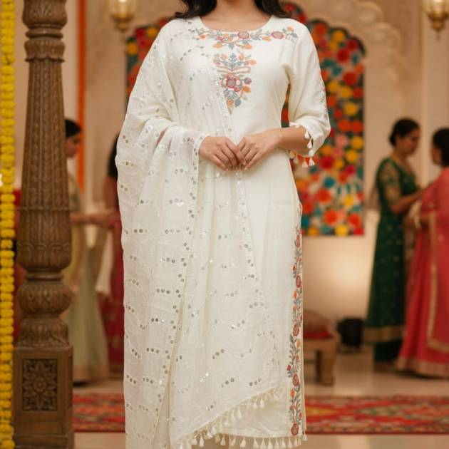 Elegant Off-White Pure Cotton Embroidered Kurta with Sequin Dupatta | Trendstox