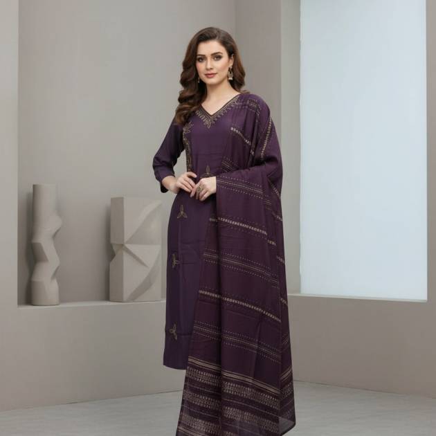 Purple Romin Silk Embroidered Suit Set with Palazzo & Dupatta – Trendstox