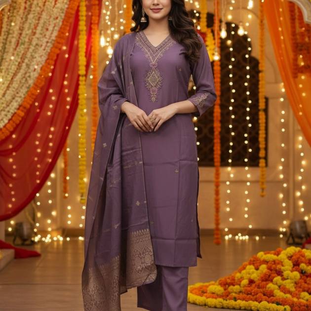 Lavender Soft Silk Suit Set with Stone Work Neck, Palazzo & Dupatta