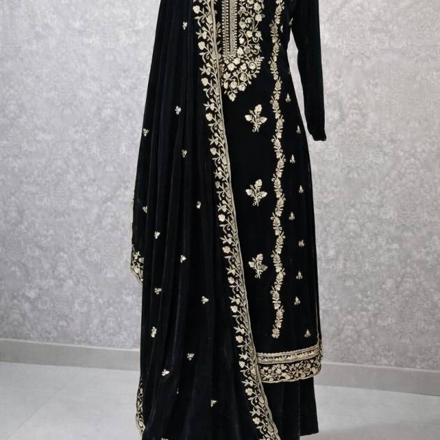 Velvet Unstitched Suit Set with Heavy Gold Embroidery & Dupatta