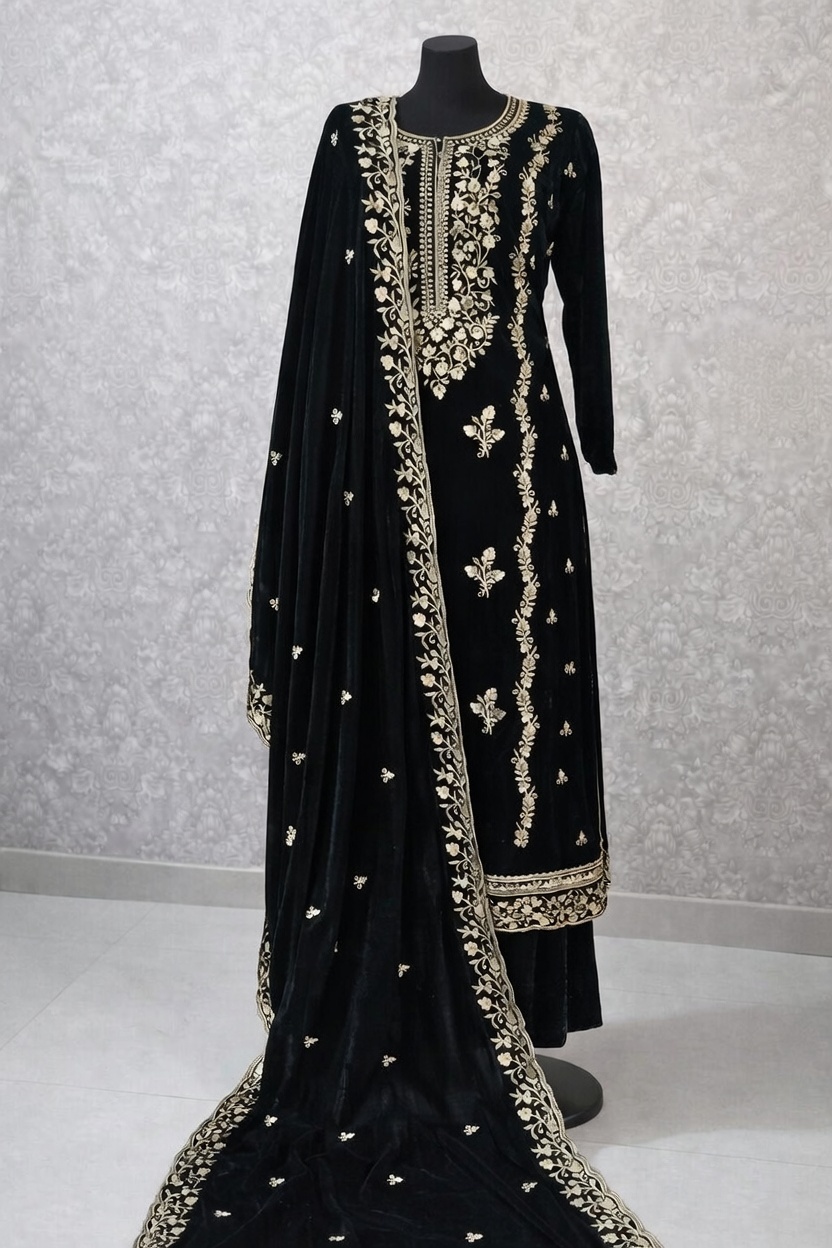 Velvet Unstitched Suit Set with Heavy Gold Embroidery & Dupatta