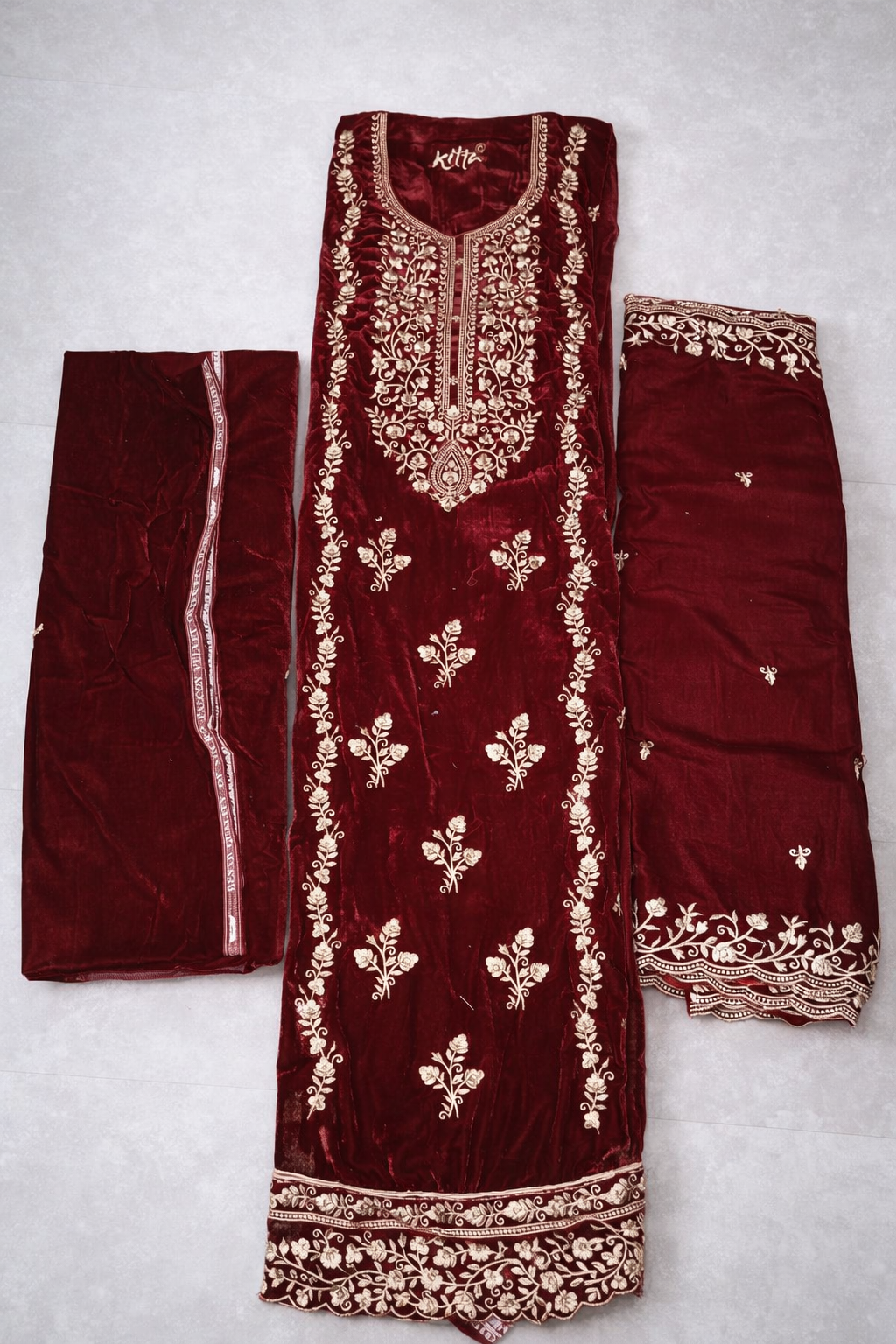 Velvet Unstitched Suit Set with Heavy Gold Embroidery & Dupatta - Image 2